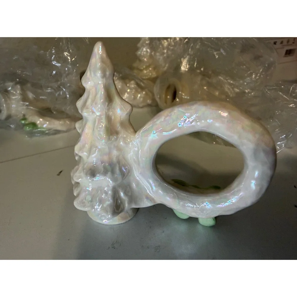 Set of 8 Iridescent Ceramic Christmas Tree and Wreath Napkin Rings White Green